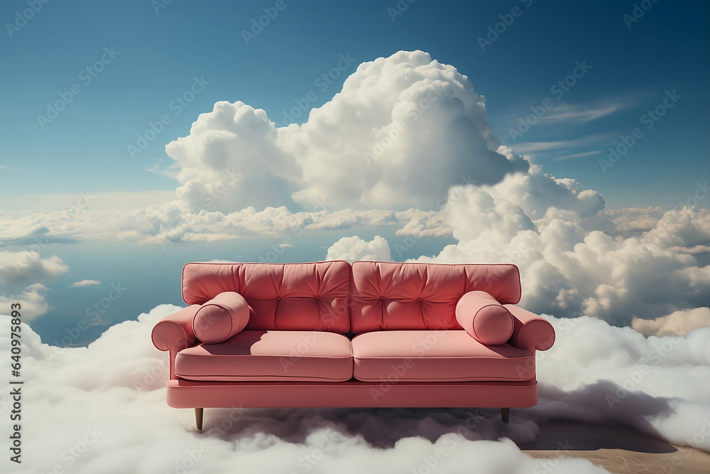 Pink couch in the middle of the sky with clouds. Out of context. Generative AI.