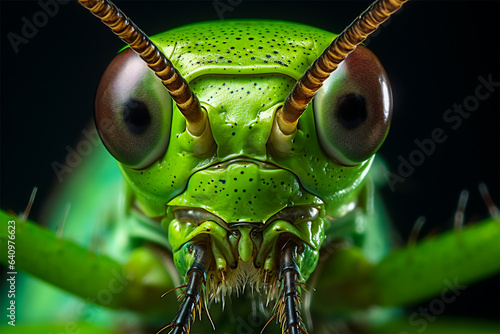 Portrait of green grasshoper, macro photography, super detail front face. photo