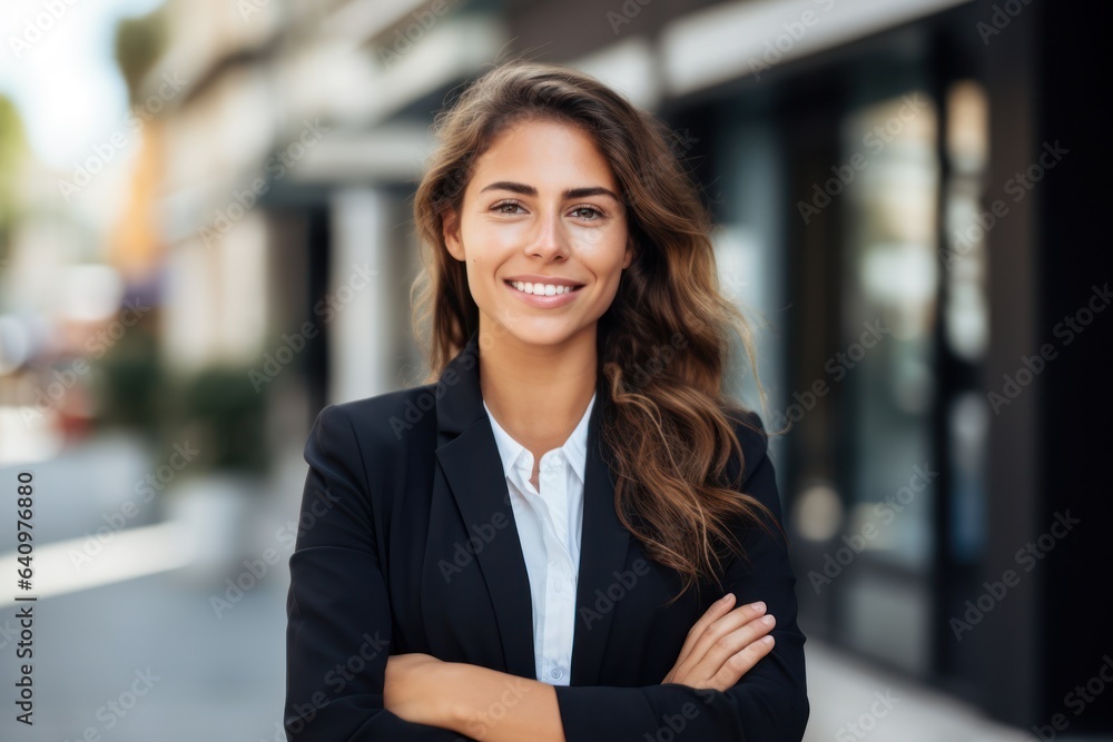 Young happy pretty smiling professional business woman, happy confident positive female entrepreneur standing outdoor on street arms crossed, looking at camera Young happy pretty smiling professional business woman, happy confident positive female entrepreneur standing outdoor on street arms crossed, looking at camera