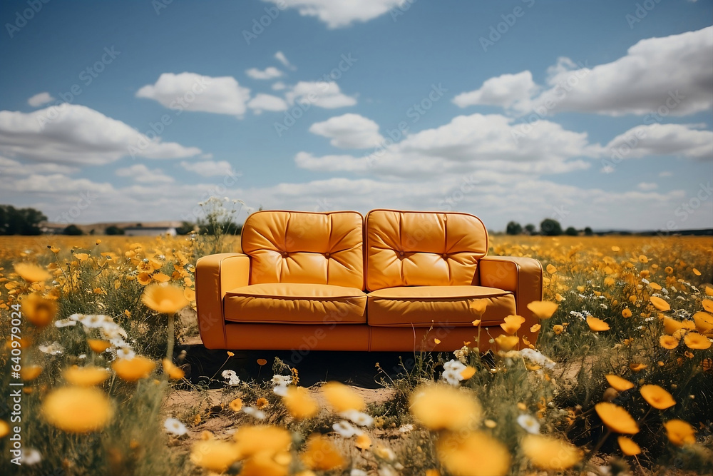 Retro yellow couch in the middle of the flowers in a field. Generative AI.