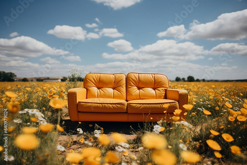 Retro yellow couch in the middle of the flowers in a field. Generative AI.	