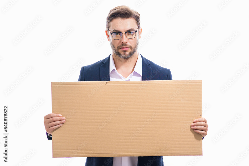 Man with empty blank board on studio background. Blank signboard with copy space. Advertisement concept. Ad board with copy space, blank mock up copy space. Blank signboard, placard with copy space.
