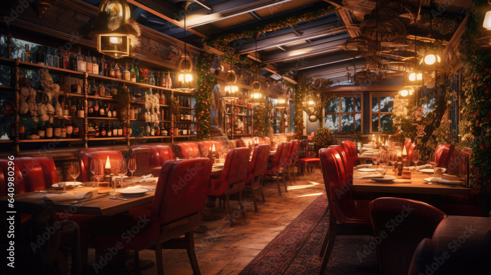 The restaurant's interior during the golden hour