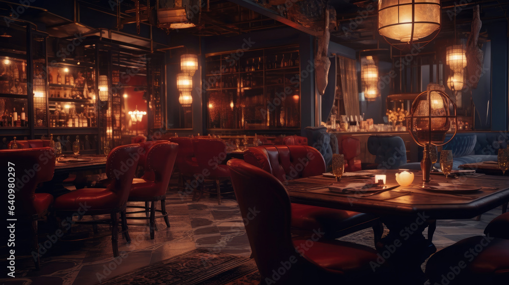 The restaurant's interior during the golden hour The restaurant's interior during the golden hour