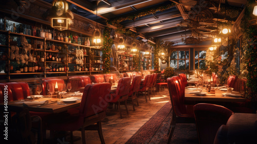 The restaurant s interior during the golden hour