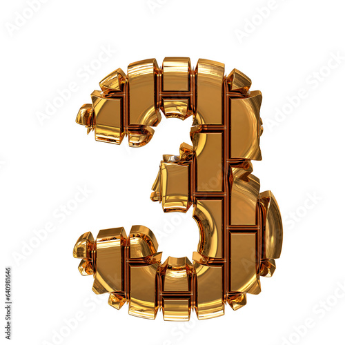 Symbol made of gold vertical bricks. number 3