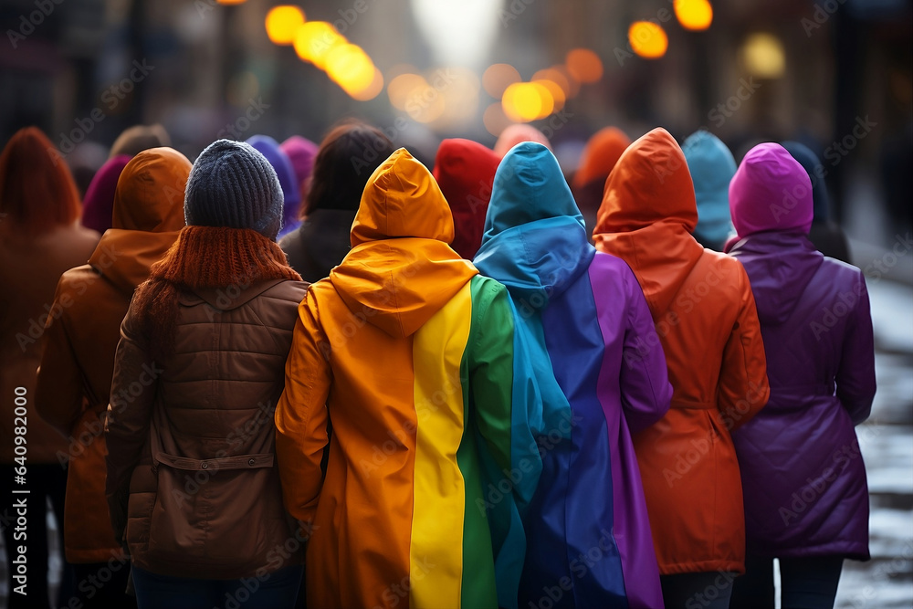 Back view of a group of people in colorful raincoats on a rainy day. Some of them in lgtbiq+ colors. LGTBI Pride celebration.