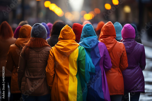Obraz na płótnie Back view of a group of people in colorful raincoats on a rainy day. Some of them in lgtbiq+ colors. LGTBI Pride celebration. w salonie