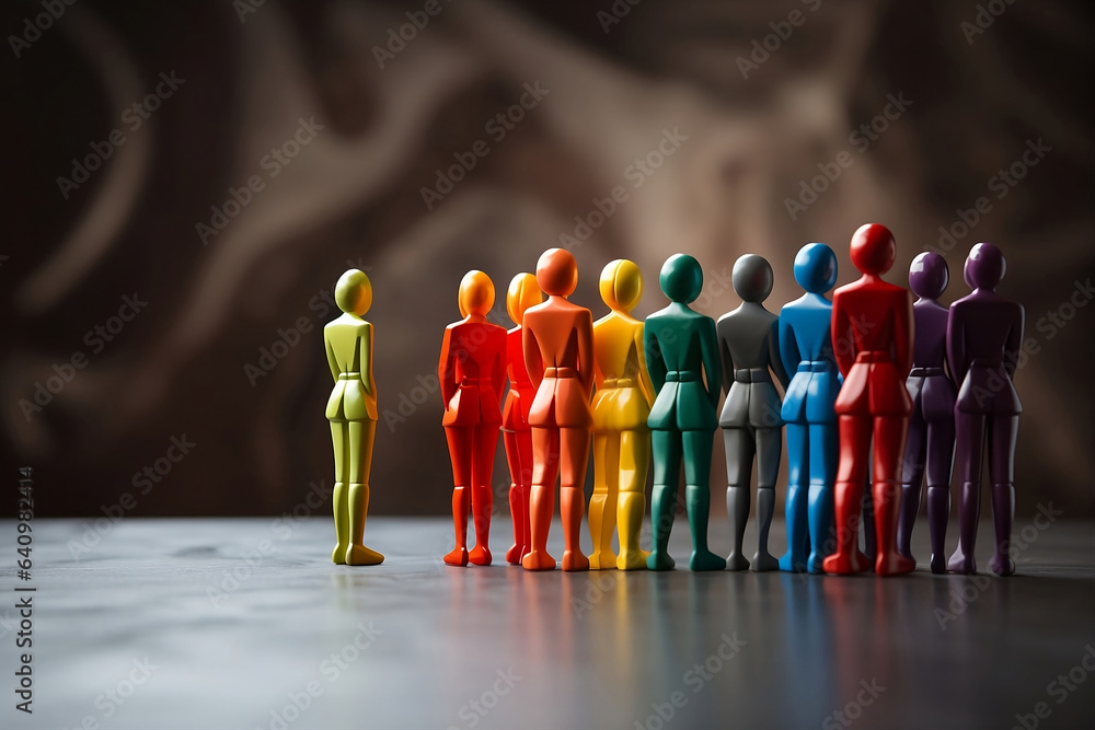 Colorful plastic figures standing in a row on a dark background. Group of persons excluding one of them. Lgtbiq+ colors.