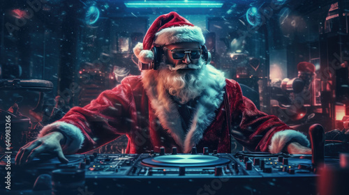 Santa claus taking on the role of a DJ in a bustling club