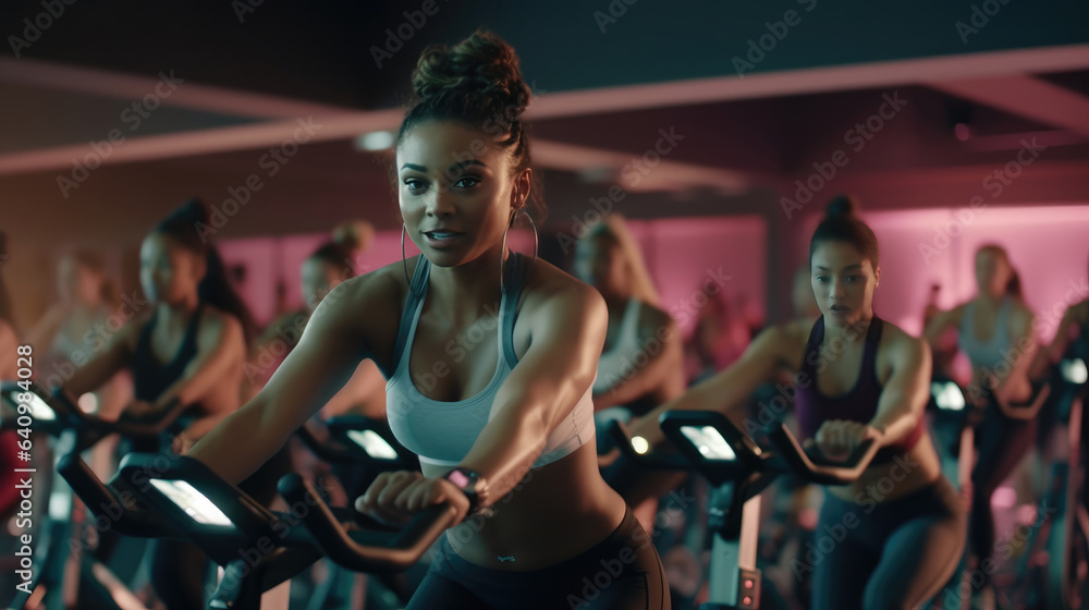 A group fitness classes, exercising on a spinning bike in the gym A group fitness classes, exercising on a spinning bike in the gym