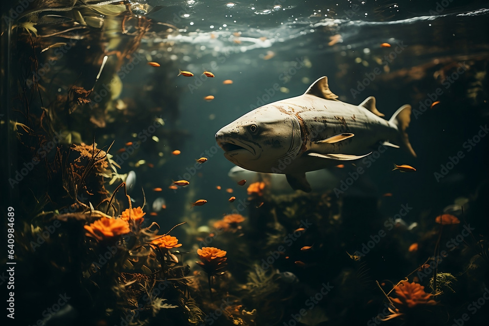 Fish in the aquarium. Underwater world.