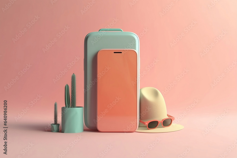 A turism theme smartphone mock up, a hat, glasses, plants, and a luggage, on a pink background, front view, phone blank screen. Generative AI
