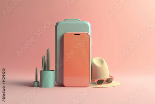 Obraz na płótnie A turism theme smartphone mock up, a hat, glasses, plants, and a luggage, on a pink background, front view, phone blank screen. Generative AI w salonie