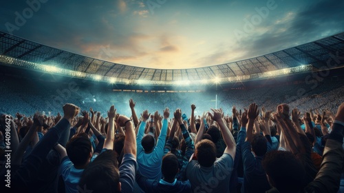 Crowd of sports fans cheering during a match in stadium. Generative AI