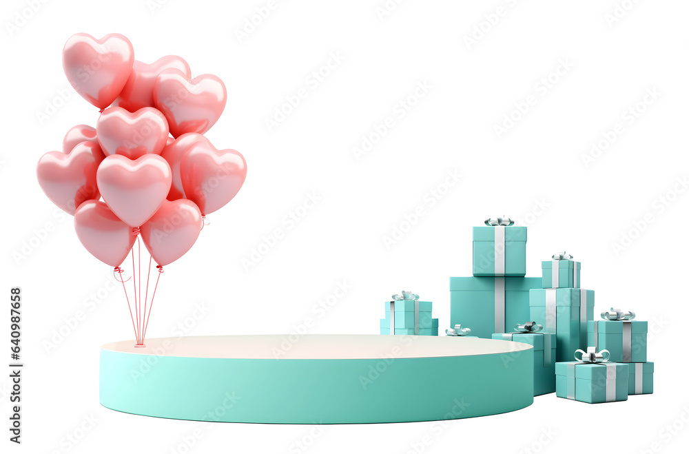3D podium Valentine Gift boxes presents with heart shaped balloons decorations elements, Empty stage display presentation product, isolated on white and transparent background, ai generate 3D podium Valentine Gift boxes presents with heart shaped balloons decorations elements, Empty stage display presentation product, isolated on white and transparent background, ai generate