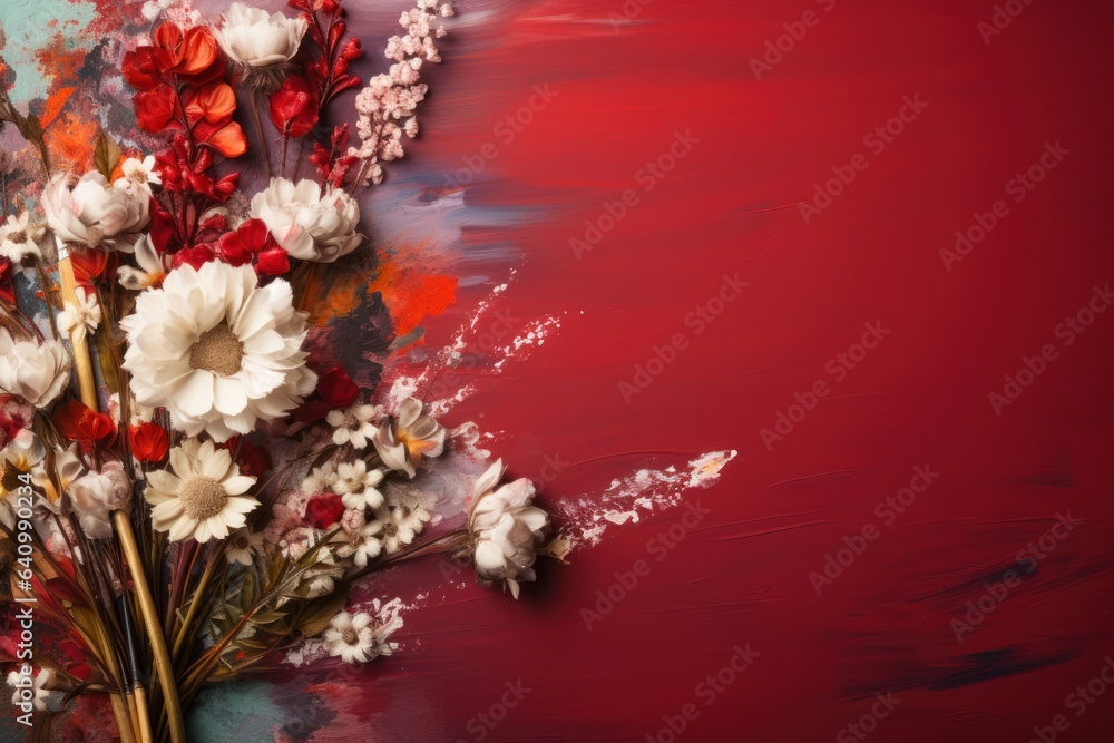 Aerial Beauty: Blooms and Brush on Colorful Flat Layout Background. Generative AI Aerial Beauty: Blooms and Brush on Colorful Flat Layout Background. Generative AI