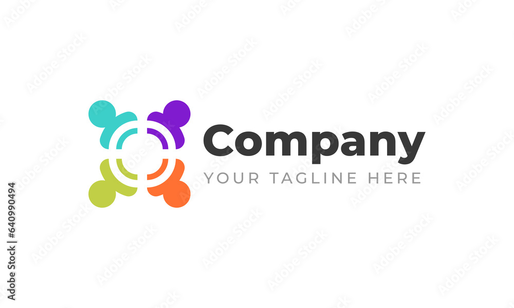 Team work social business logo. Four people gathered in a circle vector design