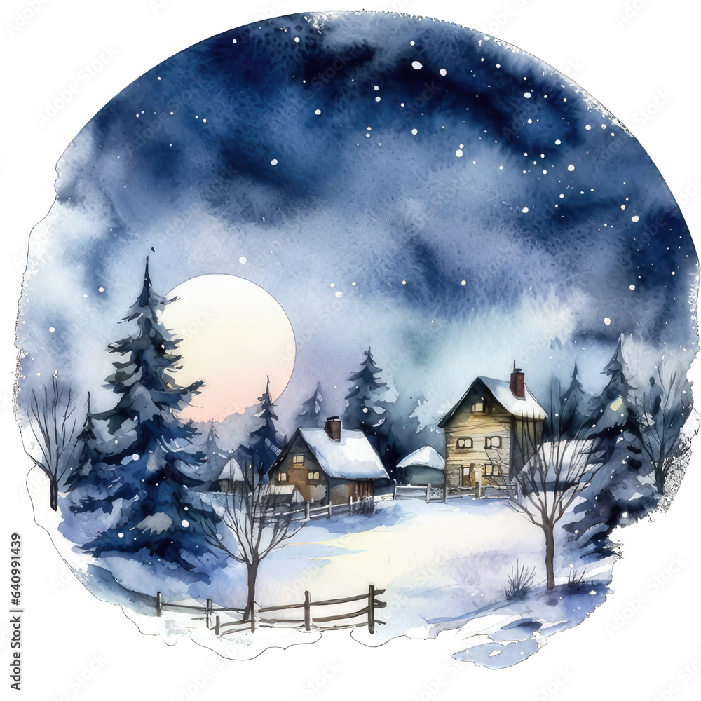 Watercolor winter landscape with wooden house in the forest. New Year Winter transparent Background png Watercolor winter landscape with wooden house in the forest. New Year Winter transparent Background png