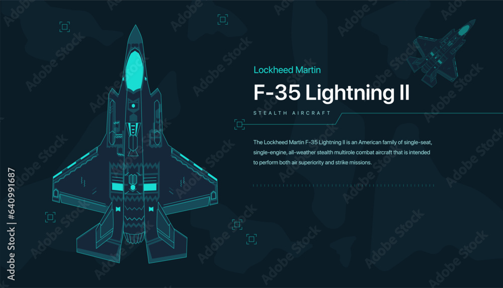 Obraz premium The Fighter Jet 35 Vector Illustration | Line Art, Outline, Wireframe, Blueprint | Blue Color