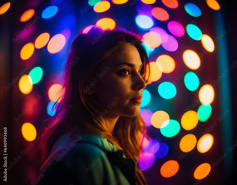 Young Woman covered in multicolored lights bokeh background. AI generative Young Woman covered in multicolored lights bokeh background. AI generative