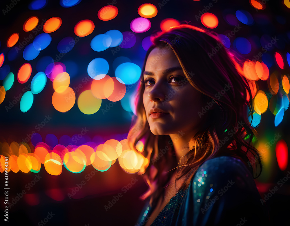 Young Woman covered in multicolored lights bokeh background. AI generative Young Woman covered in multicolored lights bokeh background. AI generative