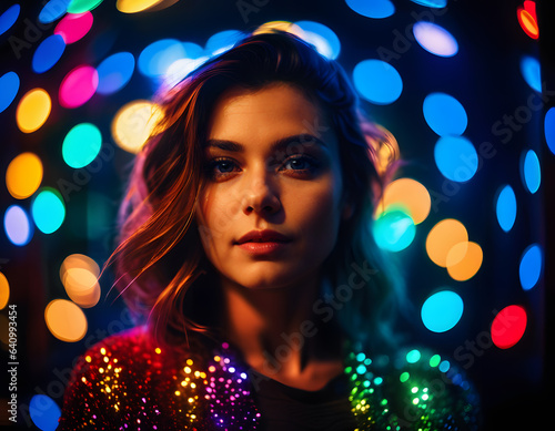 Young Woman covered in multicolored lights bokeh background. AI generative