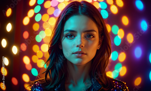 Young Woman covered in multicolored lights bokeh background. AI generative © ณรงค์วิทย์ สุขใจ