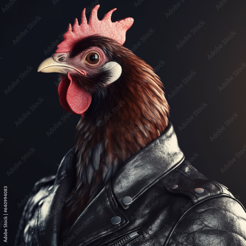 Image of rooster wore sunglasses and wore a black leather jacket on clean background. Farm animals. Illustration, Generative AI.