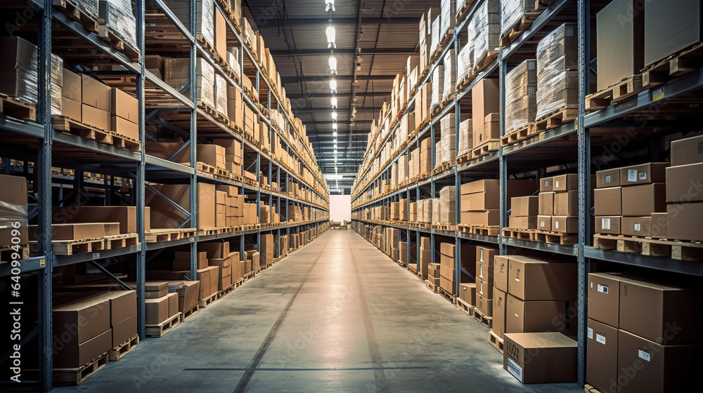 Rows of shelves with boxes in modern warehouse