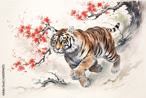 Image of tiger with pink cherry blossoms in ancient chinese style. Wildlife Animals. Nature. Illustration  Generative AI.