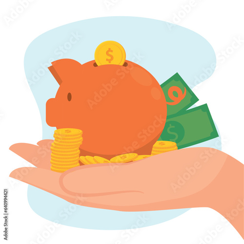 Hand with coins and a pig bank Finance icon Vector