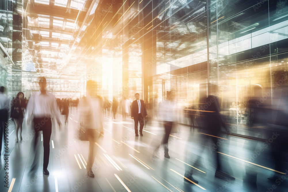 City Business People Commuting in Rush Hour in blurred motion background, office crowd walk in city building hall