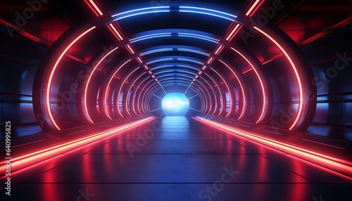 Red Blue Tunnel Corridor Hangar Hallway Warehouse Underground Studio Showroom 3D Illustration