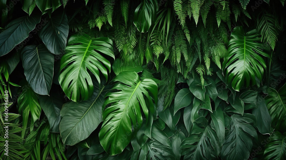 Dark green tropical leaves ( monstera, palm, coconut leaf, fern, palm leaf, banana leaf) Panorama background. concept of nature