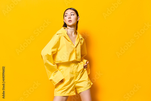 cheerful woman trendy lifestyle fashion girl yellow model beautiful attractive young