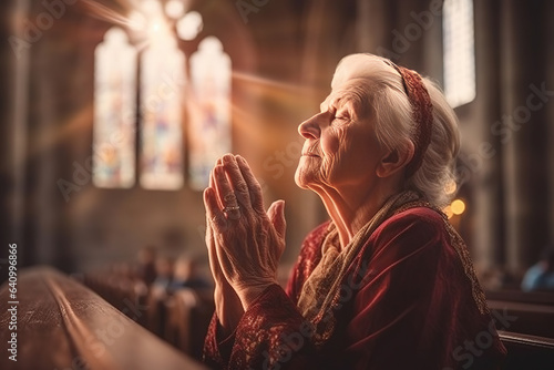 Faith, prayer or old woman in church for God, holy spirit or religion in cathedral or Christian community. Worship, spiritual elderly person in chapel or sanctuary to praise Jesus Christ
