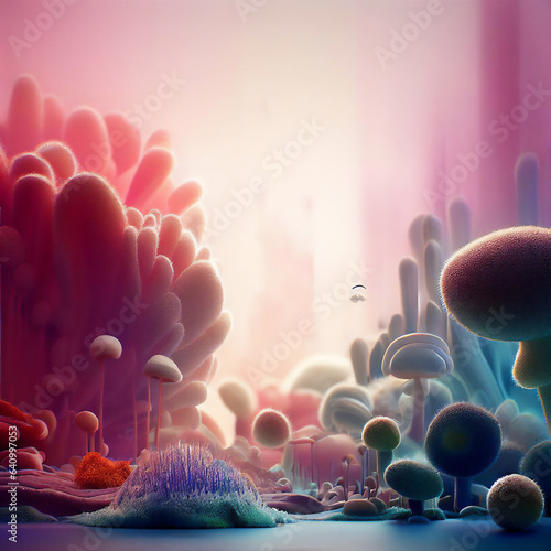 Future Worlds · Cartoon Digital Drawing of Alien Landscape in Warm Color Palette · Bio Forms