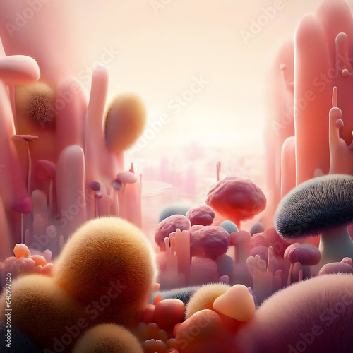 Future Worlds · Cartoon Digital Drawing of Alien Landscape in Warm Color Palette · Bio Forms