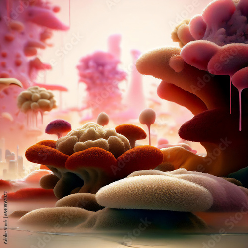 Future Worlds · Cartoon Digital Drawing of Alien Landscape in Warm Color Palette · Bio Forms