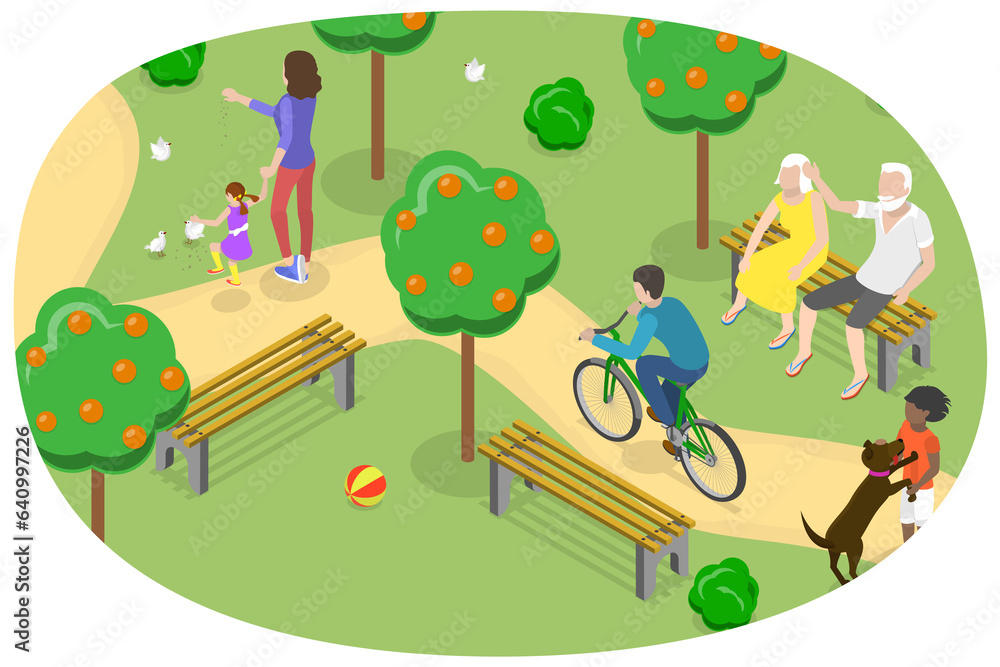 Fototapeta premium 3D Isometric Flat Conceptual Illustration of Walk In Park, Urban Recreation Area