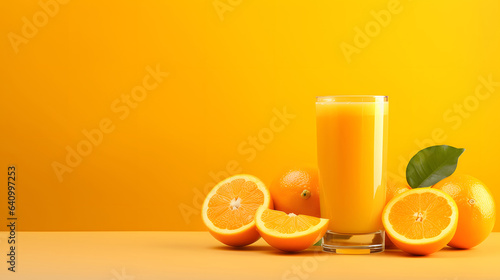 orange juice with fresh fruit on yellow background © TilluArt
