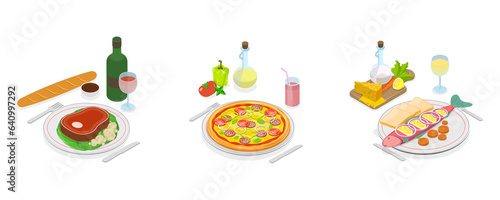 3D Isometric Flat  Set of Classic European Cuisine  French  Italian and Mediterranean Cuisine