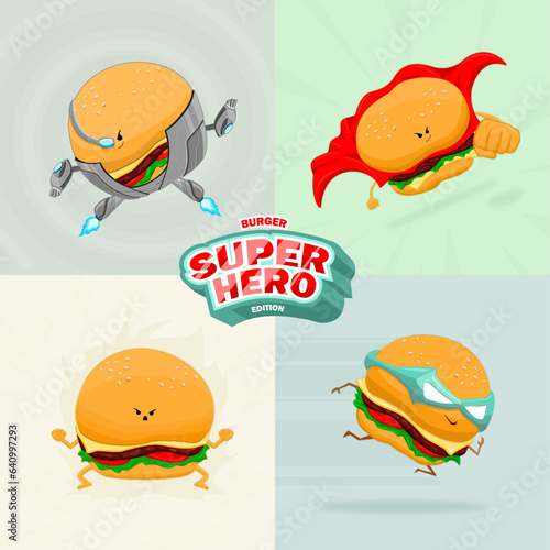 illustration of burger character set with super hero theme