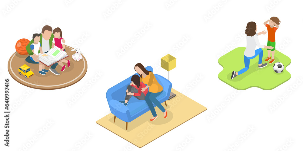 3D Isometric Flat Set of Parent Support Scenes, Happy Loving Families 3D Isometric Flat Set of Parent Support Scenes, Happy Loving Families