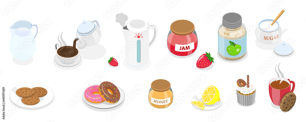 3D Isometric Flat Set of Tea Party Accessories, Cookies and Desserts 3D Isometric Flat Set of Tea Party Accessories, Cookies and Desserts