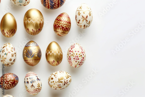 Decorative Easter eggs on white background, space for text. Top view