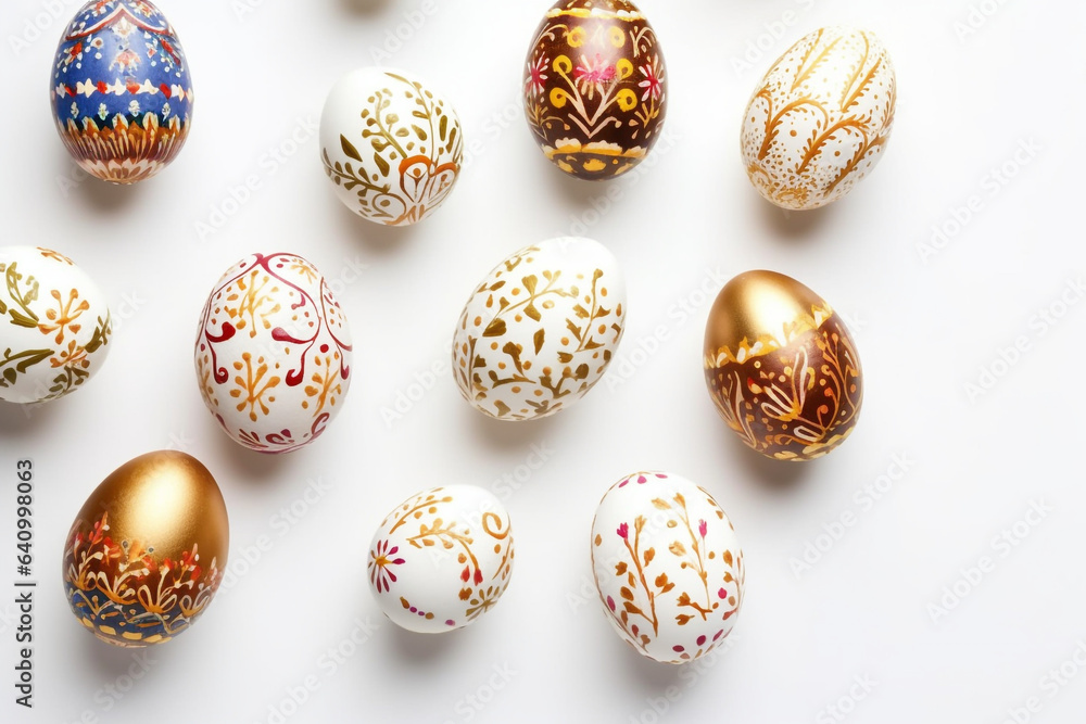 Decorative Easter eggs on white background, space for text. Top view Decorative Easter eggs on white background, space for text. Top view