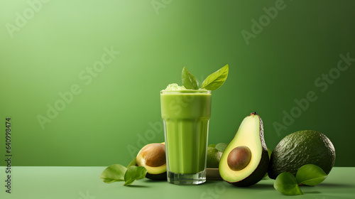 Glass of fresh avocado juice with fresh fruit on green isolated background
