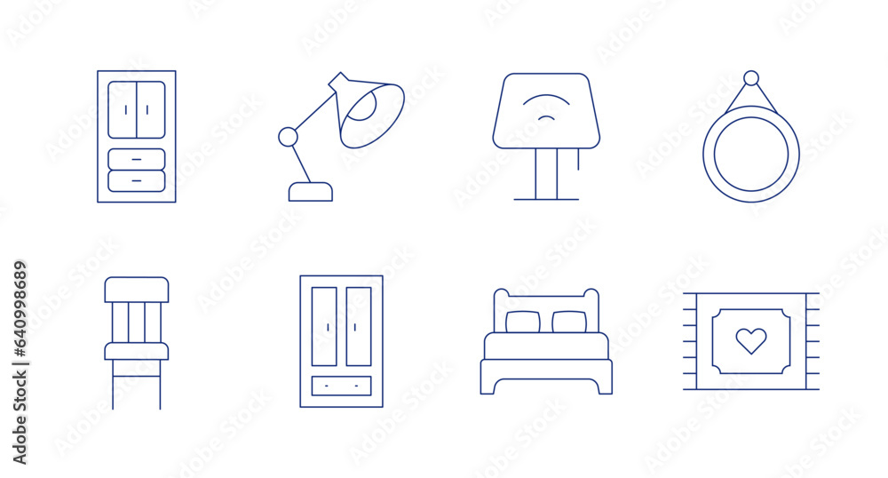 Home furniture icons. editable stroke. Containing cabinet, chair, table lamp, wardrobe, desk lamp, double bed, mirror, rug.